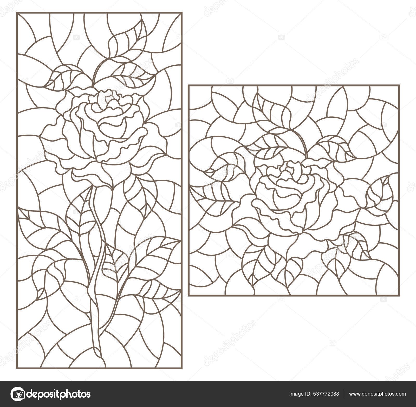 Set contour illustrations stained glass style abstract rose flowers dark stock vector by zagory