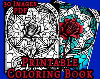 Stain glass roses coloring book digital download printable pages pdf bonus swatch sheet for adults and kids dark backgrounds