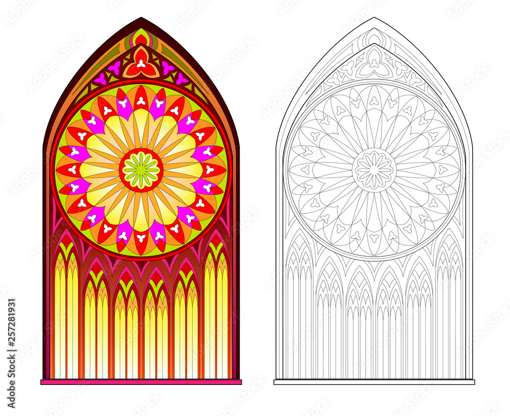 Colorful and black and white pattern of gothic stained glass window with beautiful rose printable worksheet for coloring book medieval architectural style in western europe vector image vector