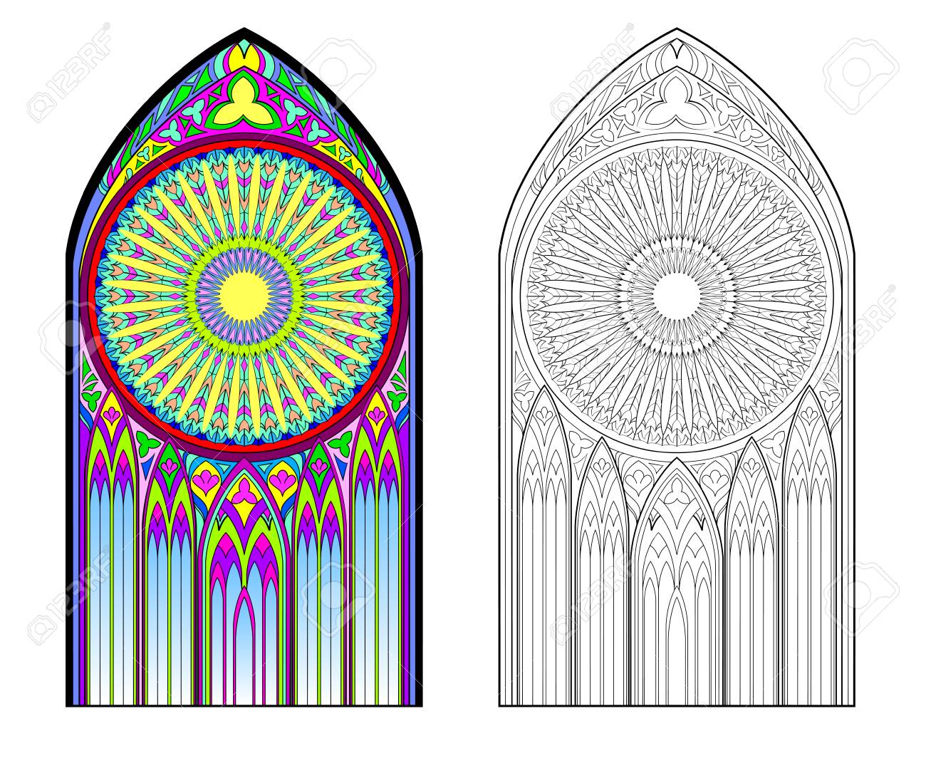 Colorful and black and white image of gothic stained glass window with beautiful rose in center printable worksheet for coloring book for children medieval architectural style in western europe royalty free svg