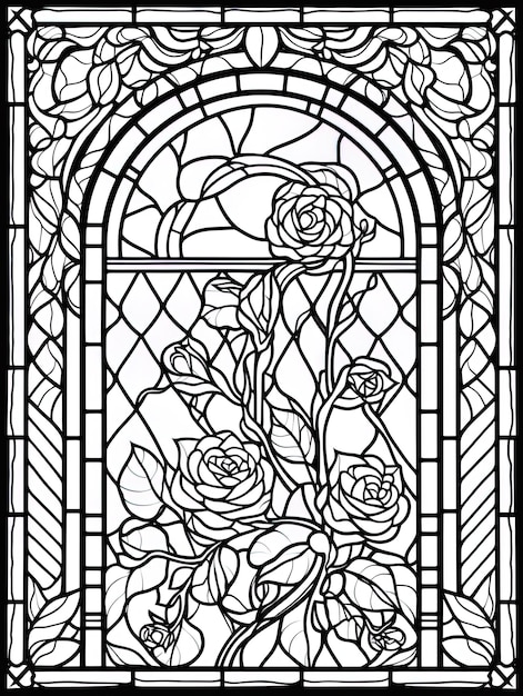 Premium ai image a stained glass window with roses in a window
