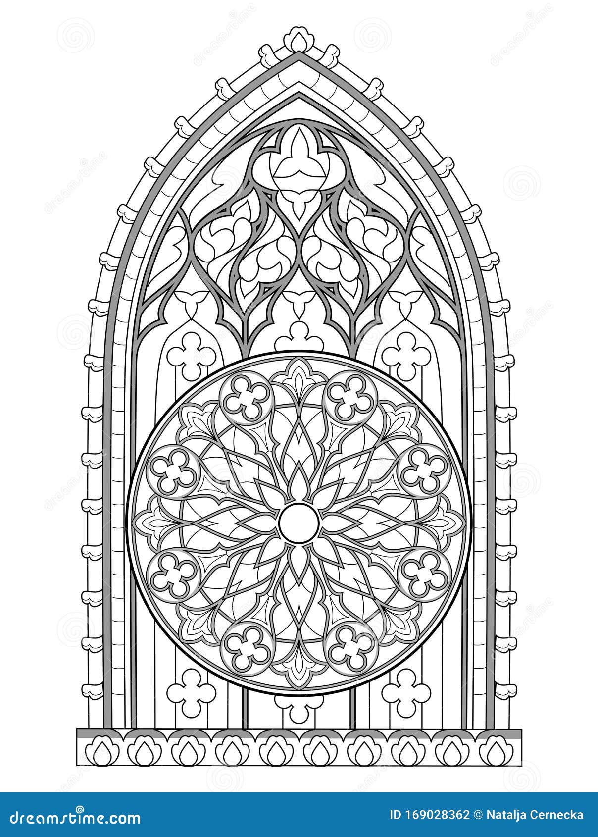 Black and white fantasy drawing for coloring book beautiful stained glass window with rose medieval architecture stock vector