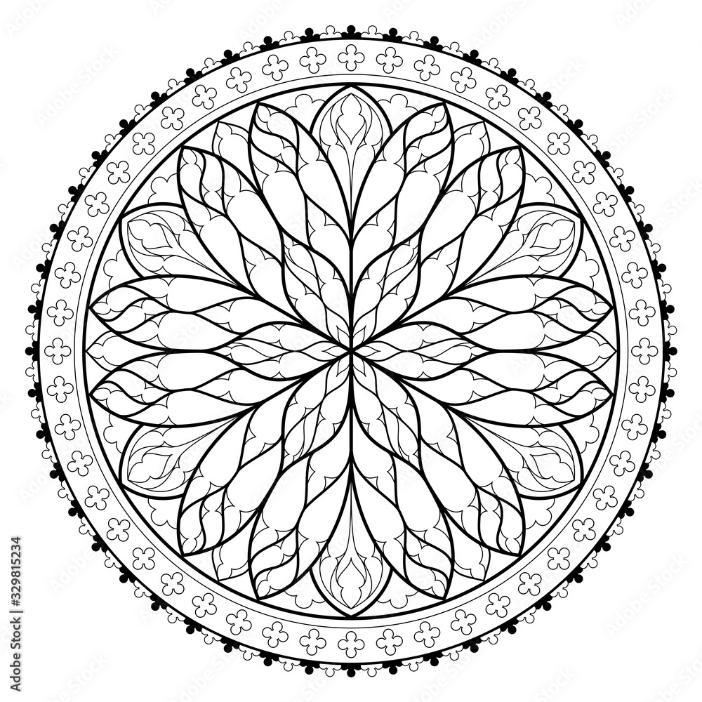 Black and white page for coloring book fantasy drawing of beautiful gothic rose window with stained glass medieval architecture in western europe worksheet for children and adults vector image vector