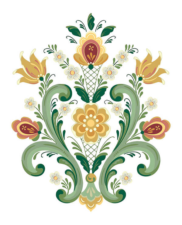 Rosemaling green and gold art print by ubung sartika