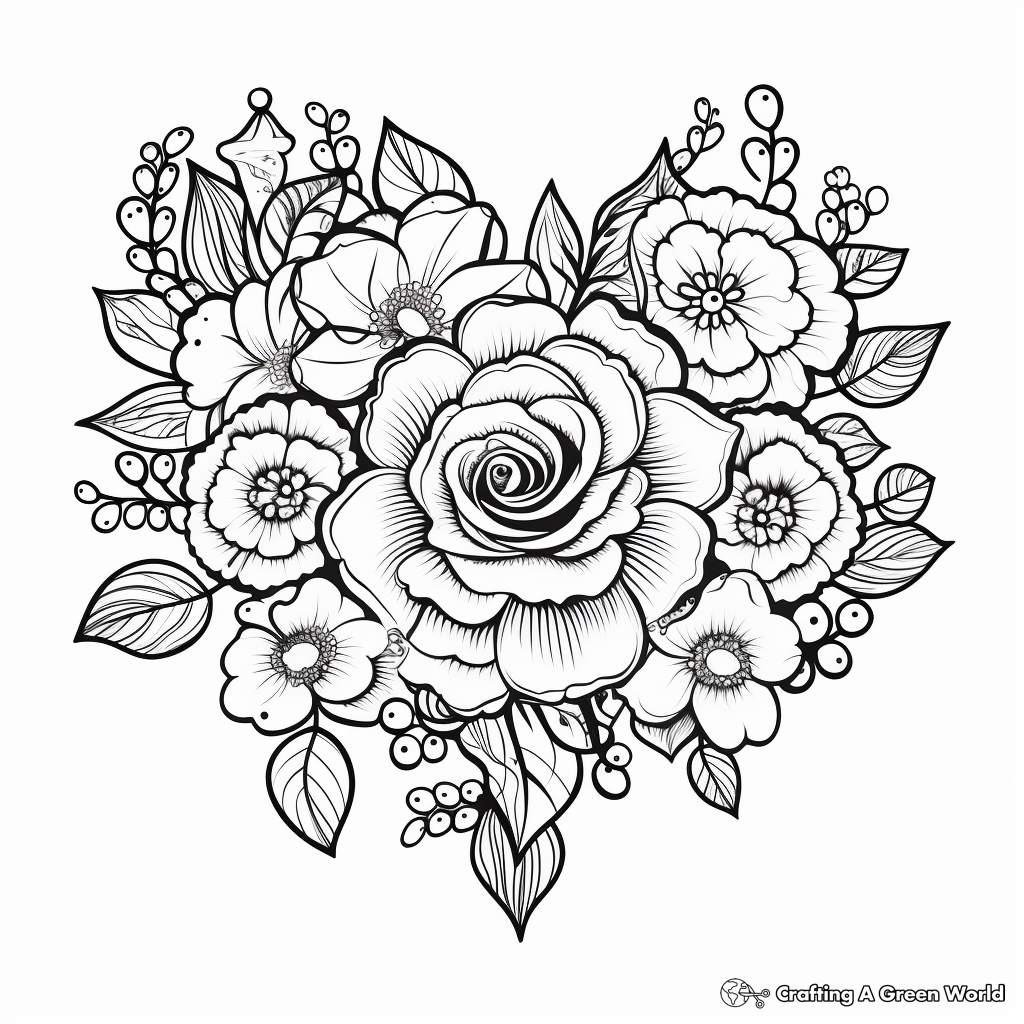 Flowers and hearts coloring pages