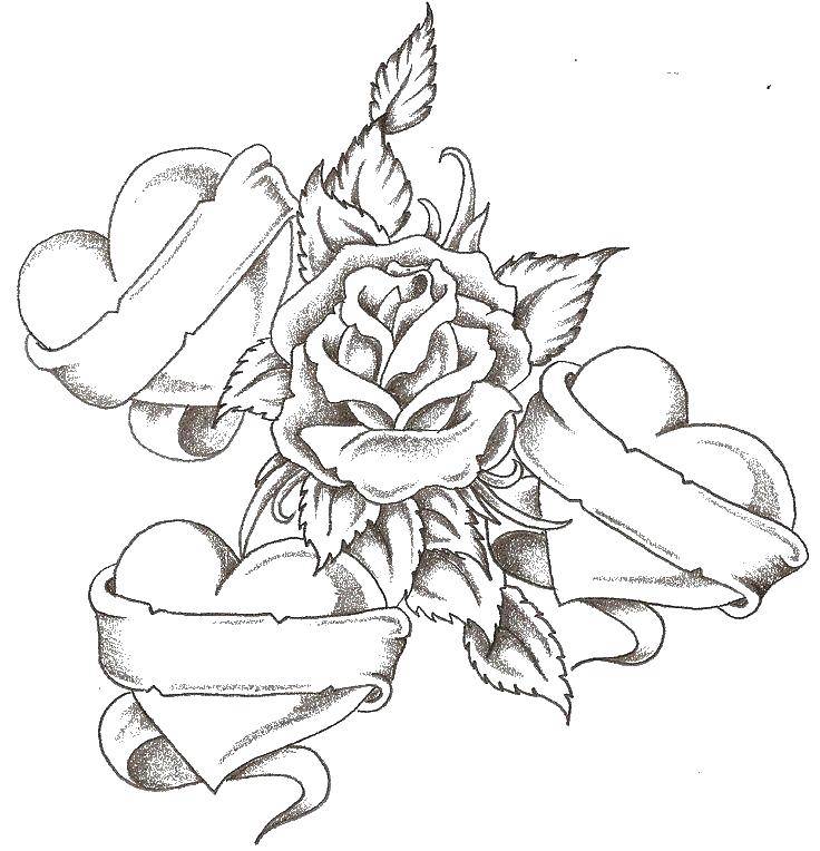 Online coloring pages rose coloring three hearts and rose flowers