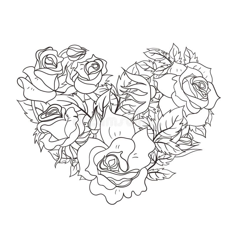 Coloring page with roses in the shape of a heart vector graphics stock illustration