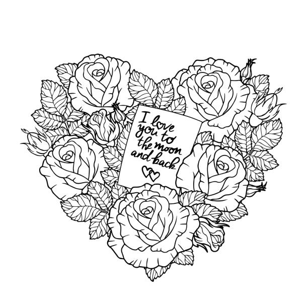 Rose flowers in the shape of a heart with a love message vector antistress coloring book for adults stock illustration