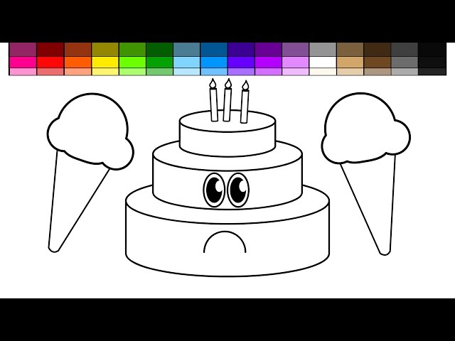 Learn colors for kids and color sad layered birthday cake and ice cream coloring page