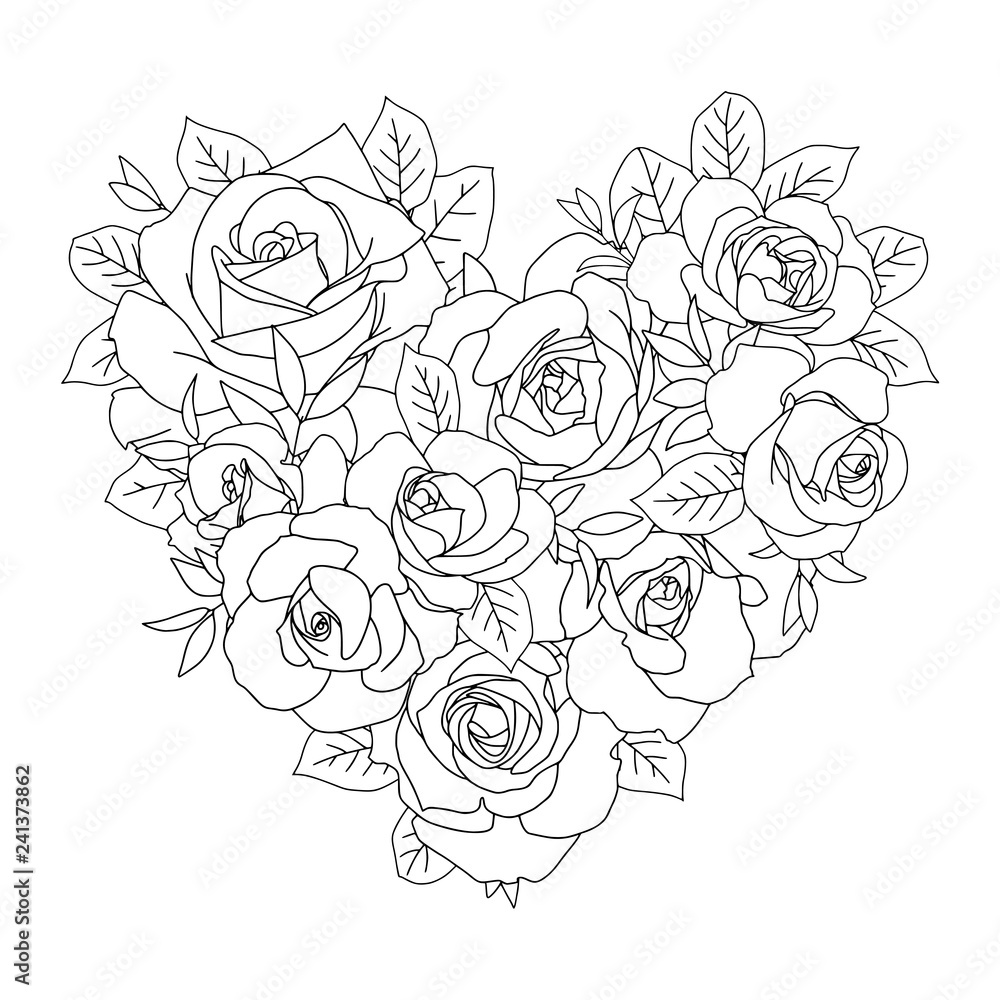 Heart bouquet of roses coloring page vector