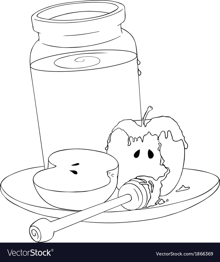 Rosh hashanah honey jar and apples coloring page vector image