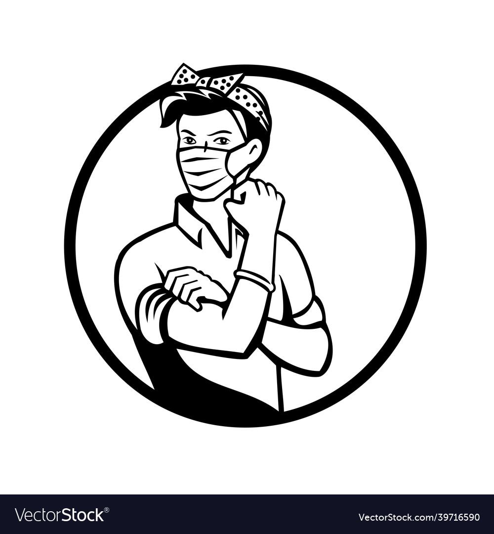 Rosie the riveter wearing mask circle black vector image