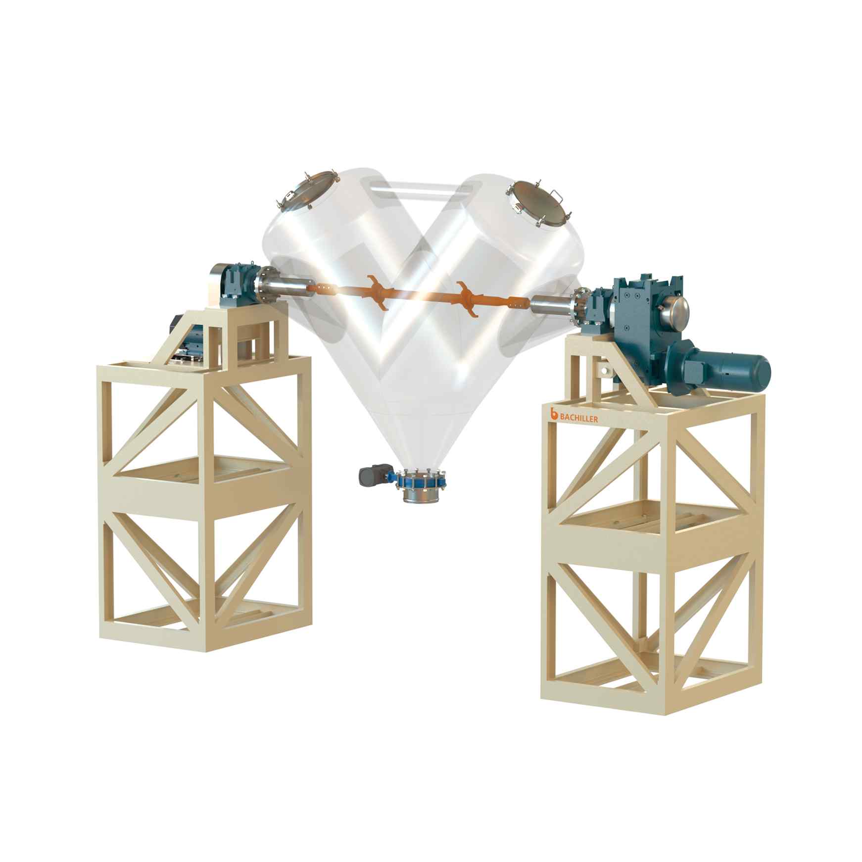 V shape mixer for solids and powders with rotary drum