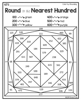 Rounding to the nearest hundred coloring worksheets by dovie funk