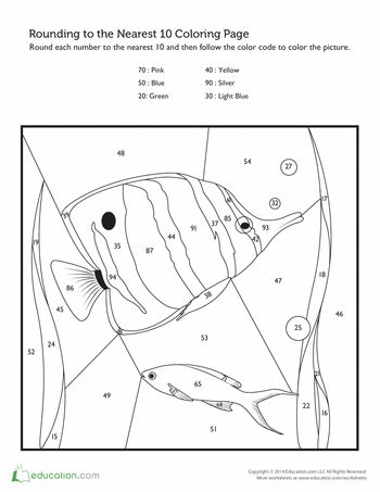 Rounding color by number fish friends worksheet education rounding worksheets third grade math worksheets kids math worksheets