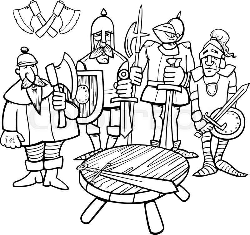 Knights of the round table coloring page stock vector