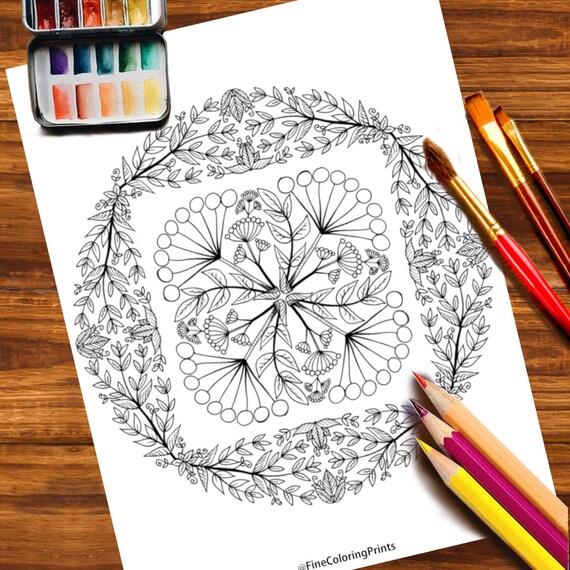 Digital coloring page round floral nature ornament for adults instant digital jpeg download adult coloring sheet coloring design