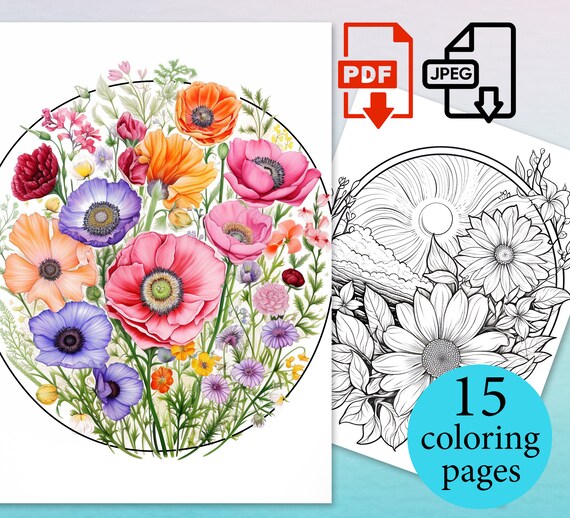 Flowers in circle coloring book floral in round pages adults kids activity sheets instant download printable pdf jpeg digital instant download