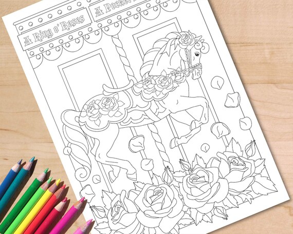 Horse colouring page carousel merry go round and roses coloring page printable adult coloring page