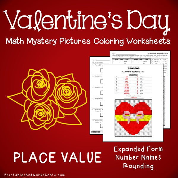 Valentines day place value mystery pictures coloring worksheets