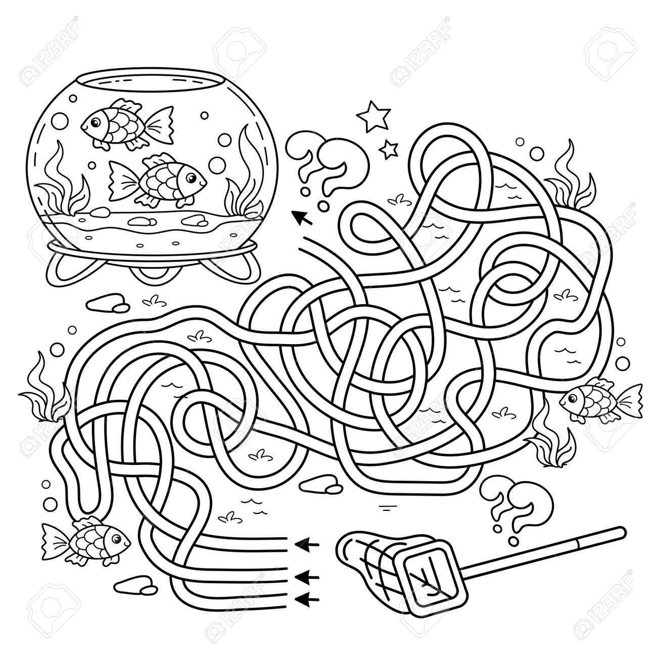 Maze or labyrinth game puzzle tangled road coloring page outline of cartoon round glass aquarium with color fish coloring book for kids royalty free svg cliparts vectors and stock illustration image