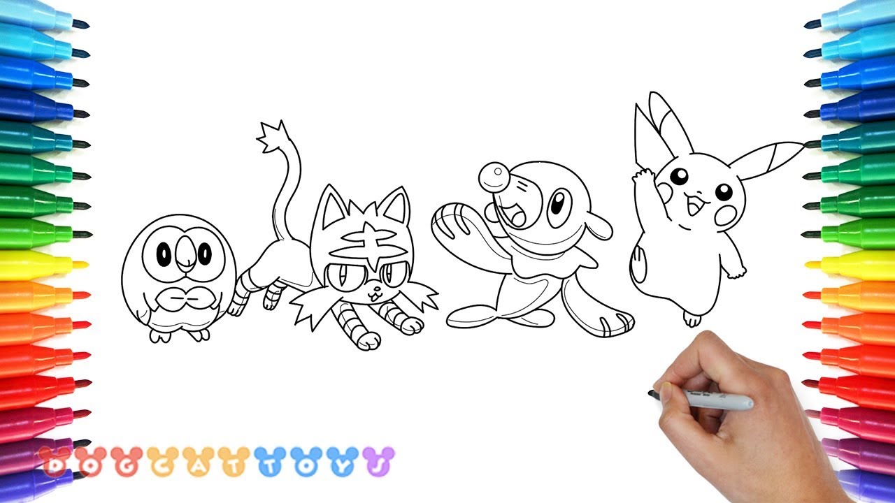 How to draw pokemon pikachu litten popplio rowlet cute coloring drawing