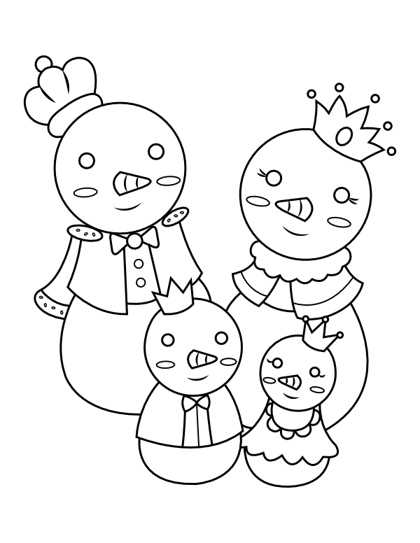 Printable royal snowman family coloring page