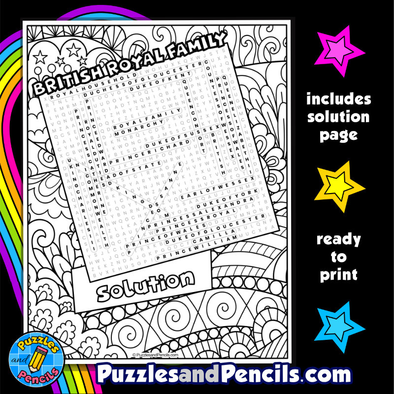 British royal family word search puzzle activity page with coloring made by teachers