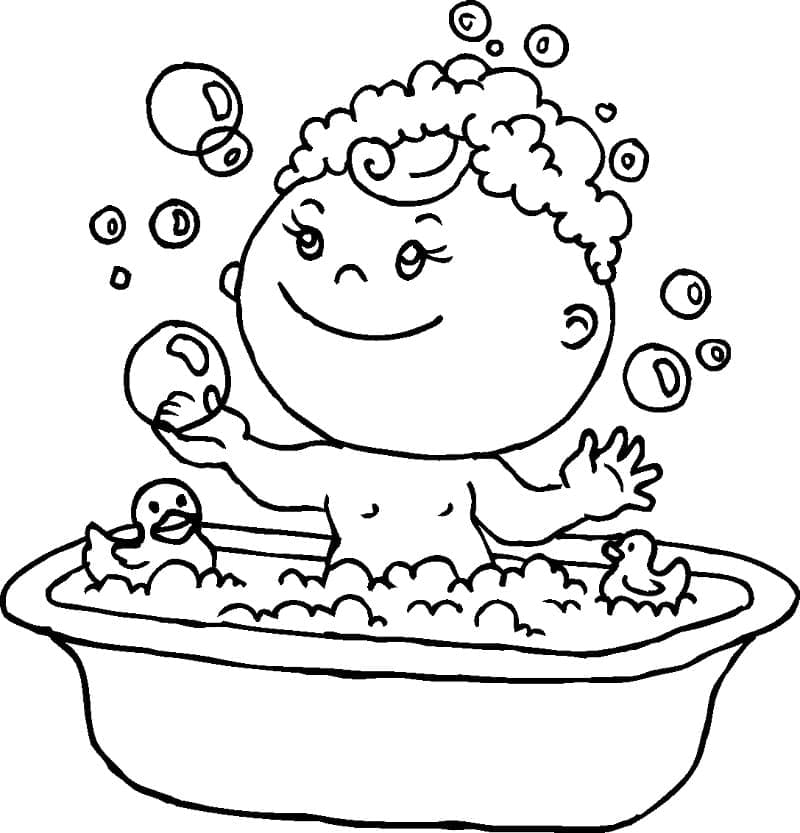 Baby boy with rubber duck coloring page