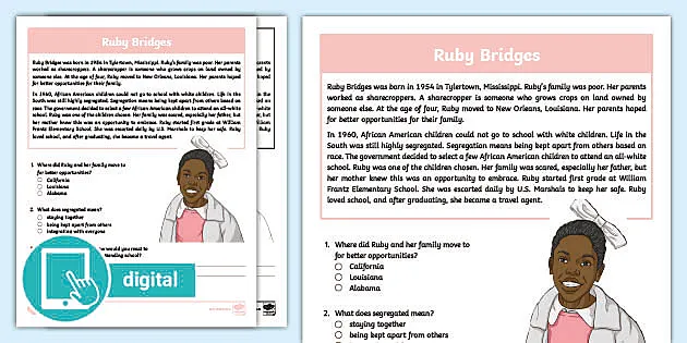 Third grade ruby bridges reading passage mprehension activity