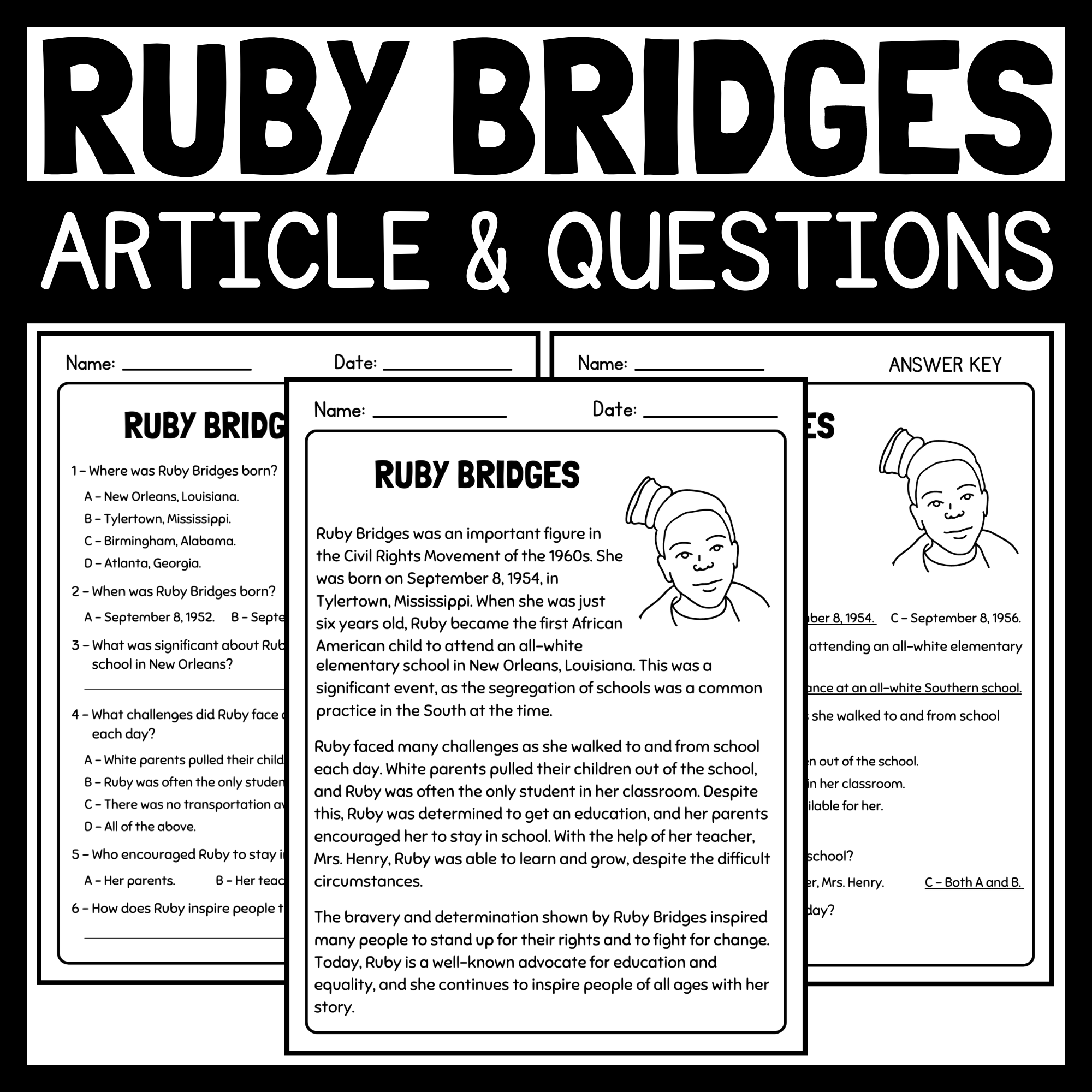 Ruby bridges article and reading prehension questions womens history month made by teachers