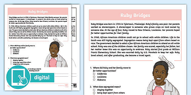 Third grade ruby bridges reading passage comprehension activity
