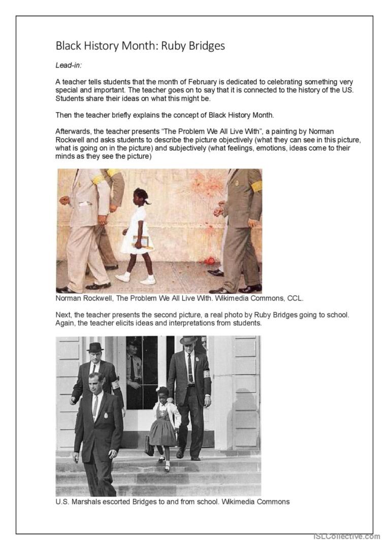 Black history month ruby bridges anâ glish esl worksheets pdf doc