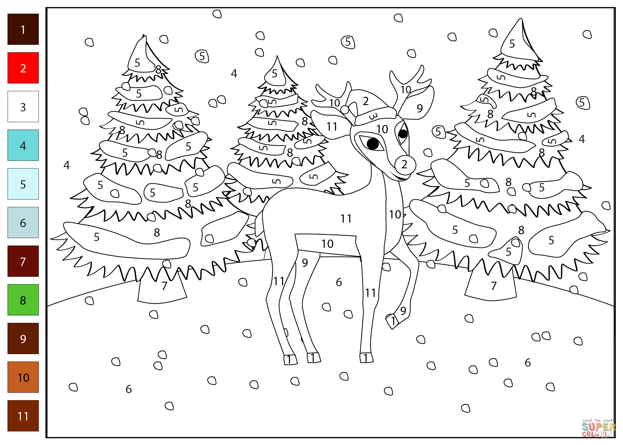 Red nosed christmas reindeer rudolph color by number coloring page free printable coloring pages