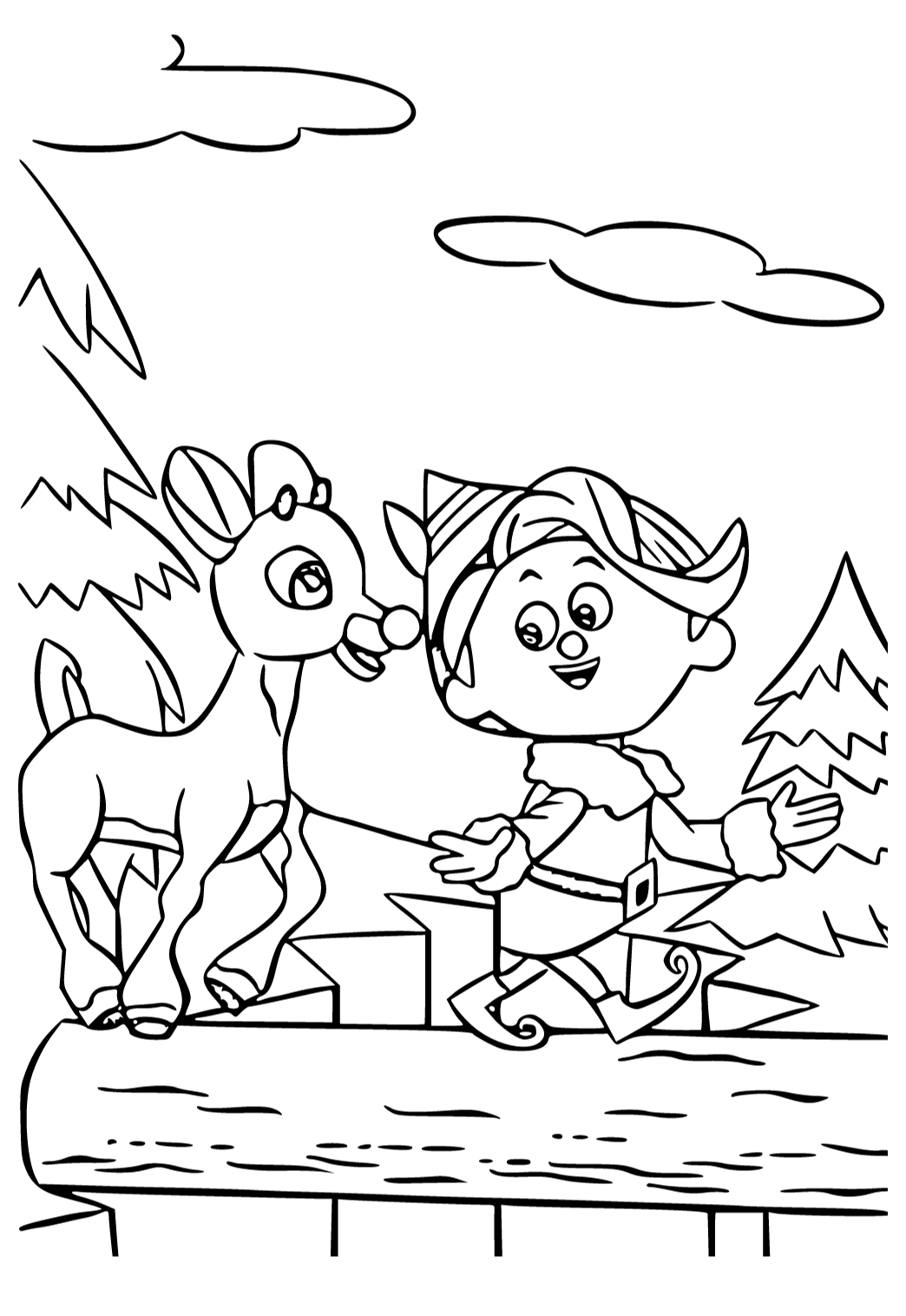 Free printable rudolph the red nosed reindeer friends coloring page for adults and kids