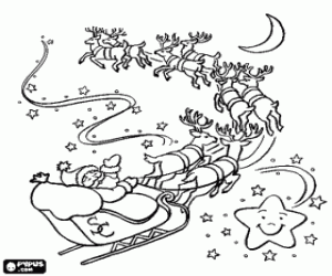 Free santa claus in his flying sleigh pulled by magic reindeer coloring and printable pâ christmas coloring pages christmas drawings for kids christmas drawing