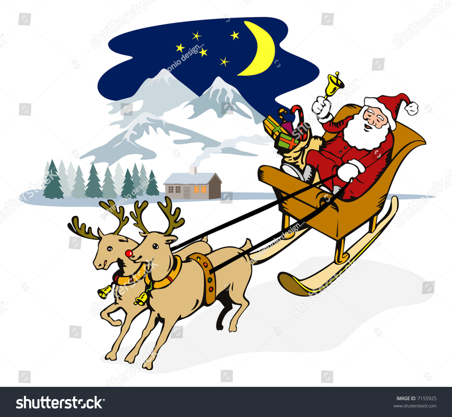 Rudolph rednosed reindeer pulling santas sleigh stock illustration