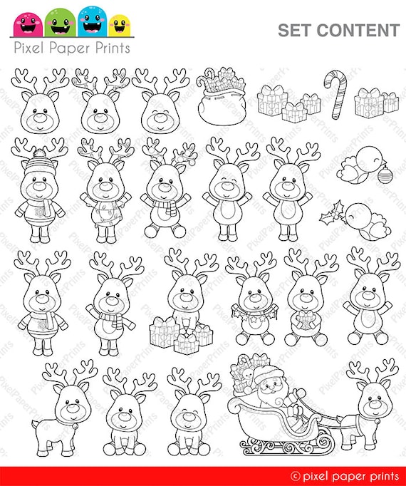 Rudolph reindeer digital stamps christmas clipart line art graphics for coloring pages worksheets crafts more printable png