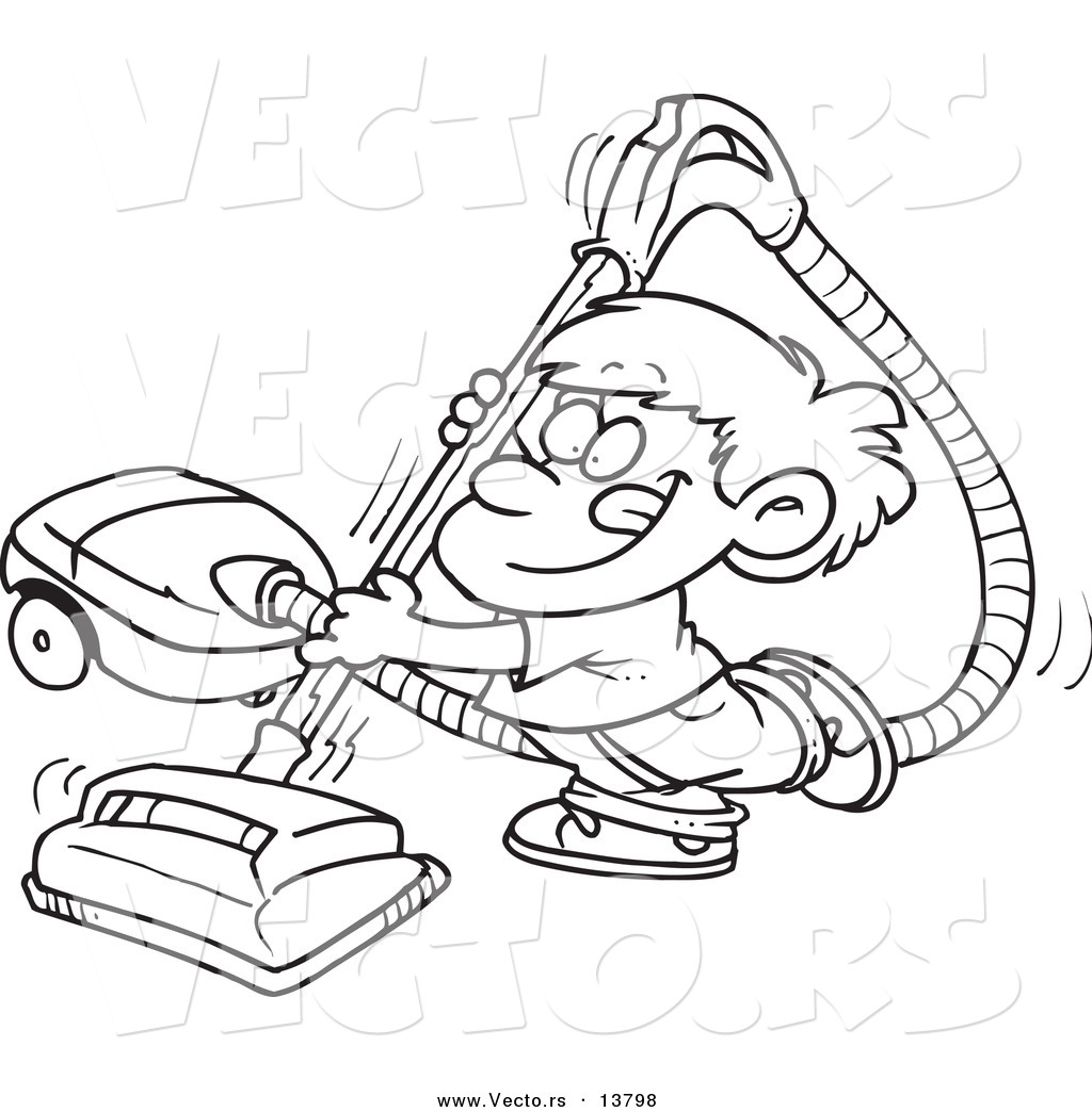 R of a cartoon happy boy using a vacuum