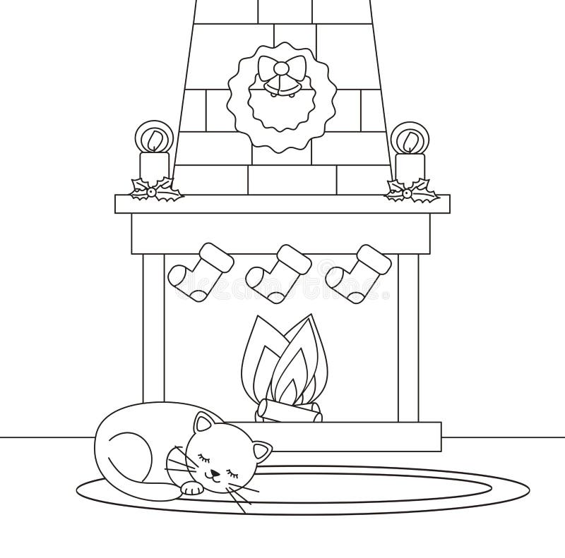 Cute cartoon black and white christmas fireplace with cat lying sleeping on oval carpet vector illustration for coloring art stock vector