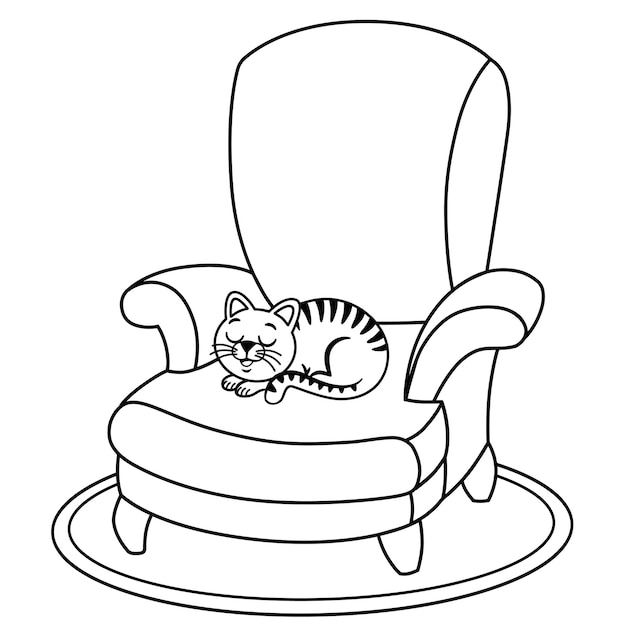 Premium vector black and white domestic cat is resting on the armchair vector illustration