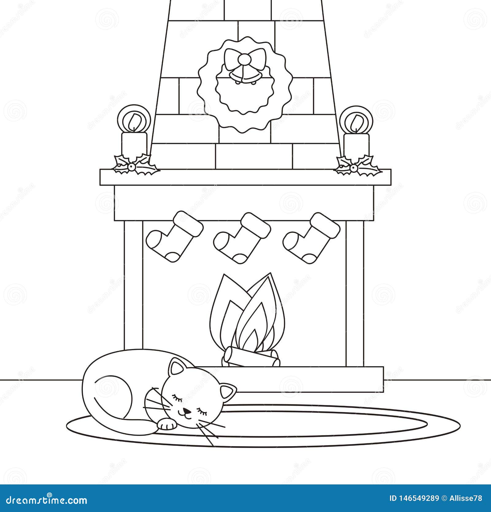 Cute cartoon black and white christmas fireplace with cat lying sleeping on oval carpet vector illustration for coloring art stock vector