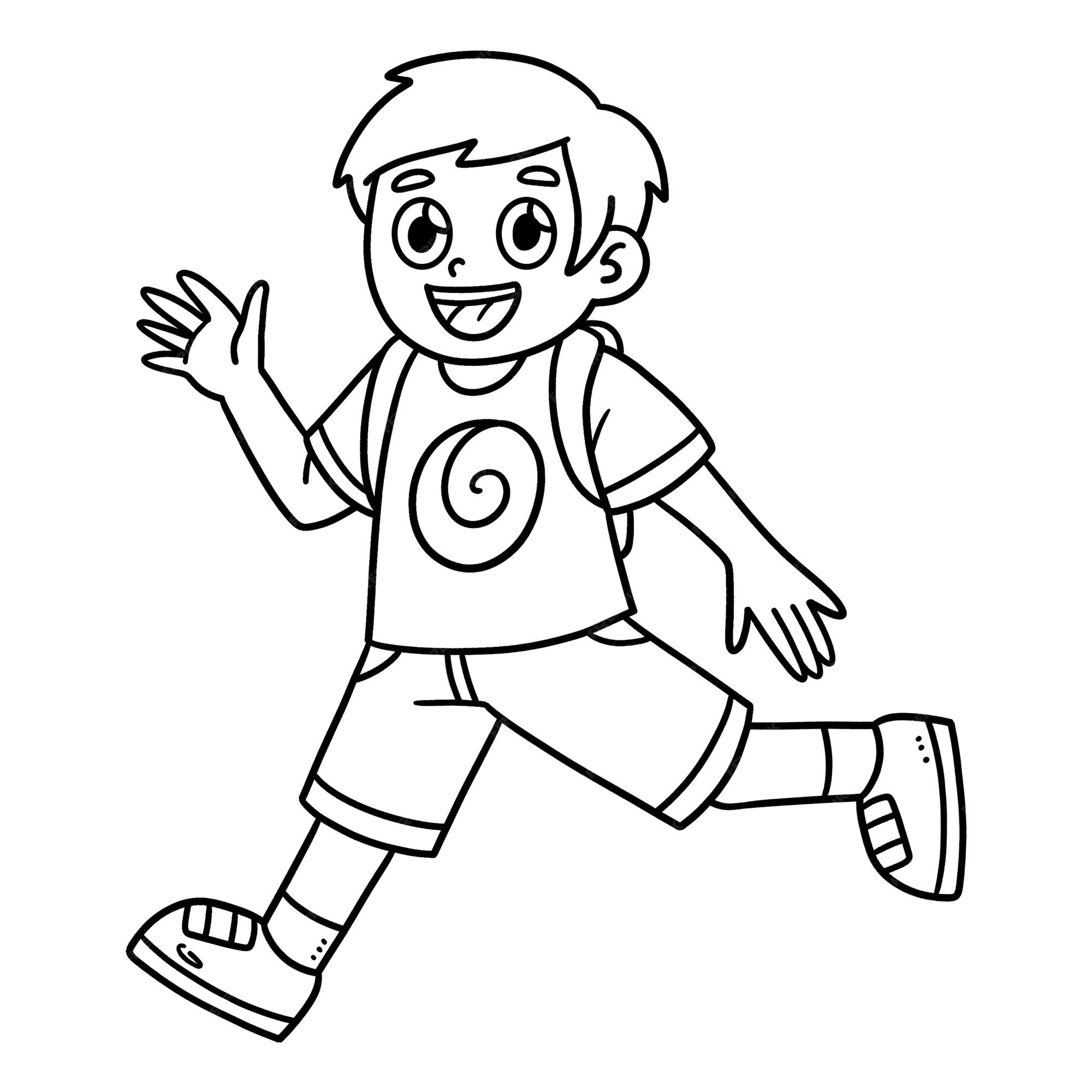 Premium vector running boy student isolated coloring page