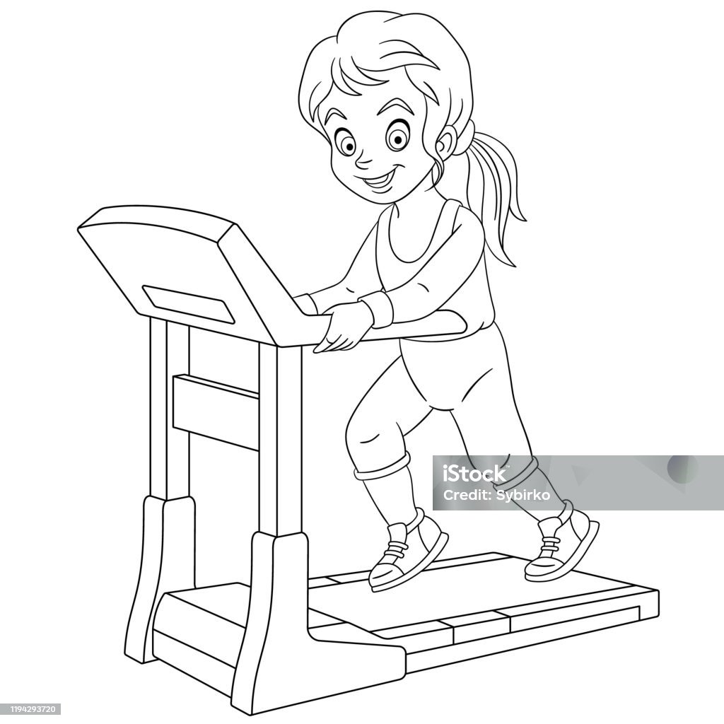 Coloring page of cartoon girl running on treadmill stock illustration