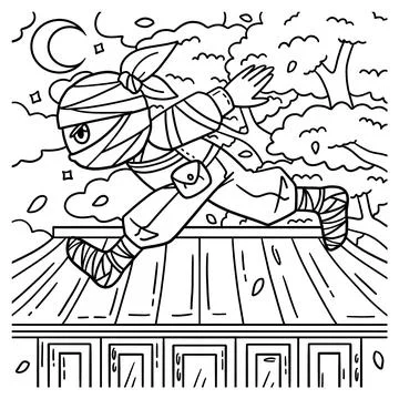 Ninja running coloring page for kids graphic