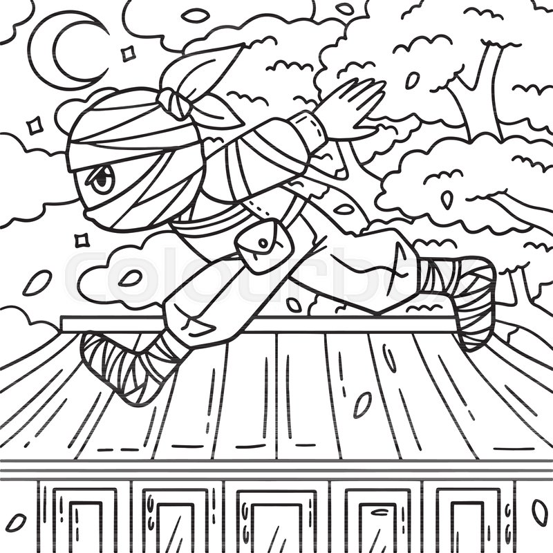 Ninja running coloring page for kids stock vector