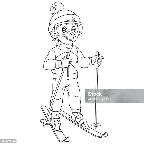 Coloring page of cartoon boy ski running stock illustration