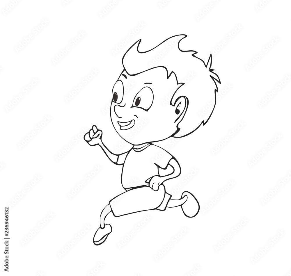 Cute cartoony boy running coloring page vector