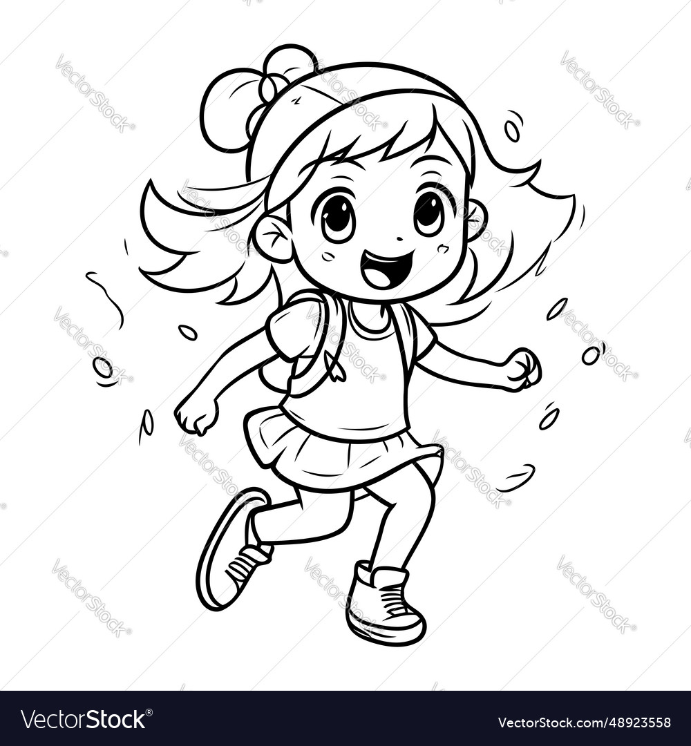 Coloring page outline of a little girl running vector image