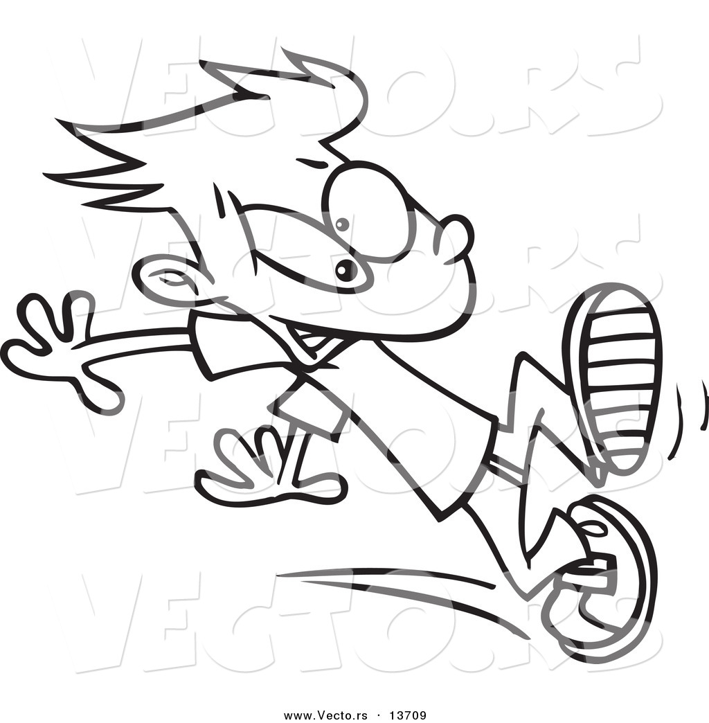 R of a cartoon boy trying to stop himself when running